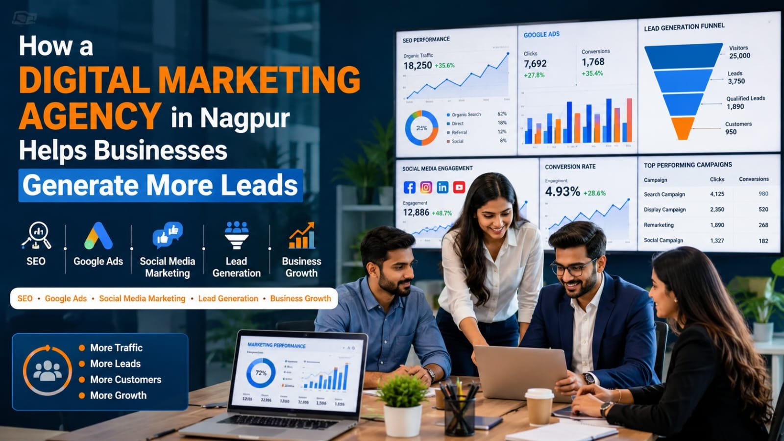 Digital marketing agency in Nagpur helping businesses generate leads through SEO, Google Ads, social media marketing, and online advertising strategies.