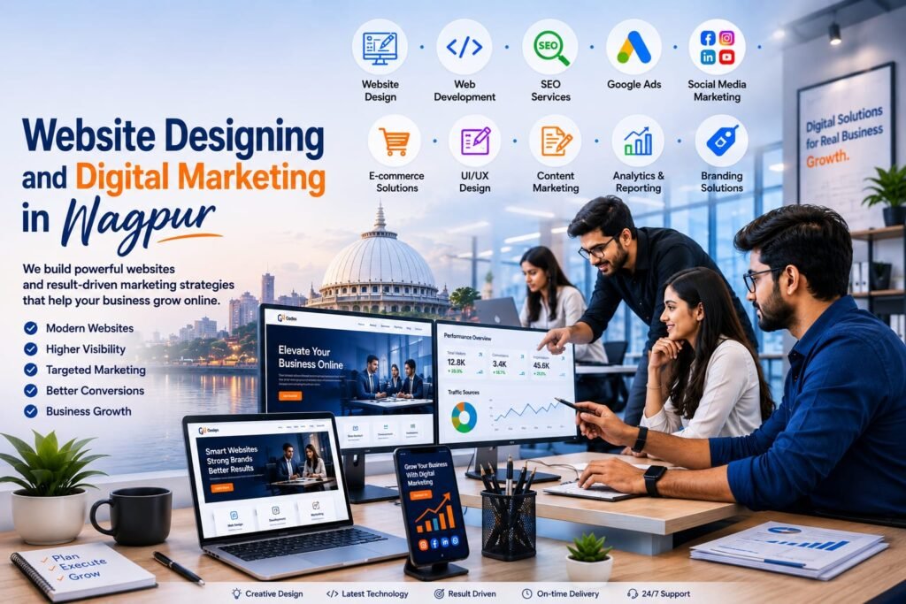 Website designing and digital marketing in Nagpur by Codes Wizards featuring professional web developers, SEO experts, and digital marketing specialists creating responsive websites and online marketing strategies.
