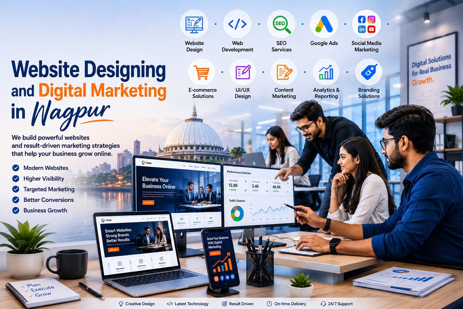 Website designing and digital marketing in Nagpur by Codes Wizards featuring professional web developers, SEO experts, and digital marketing specialists creating responsive websites and online marketing strategies.