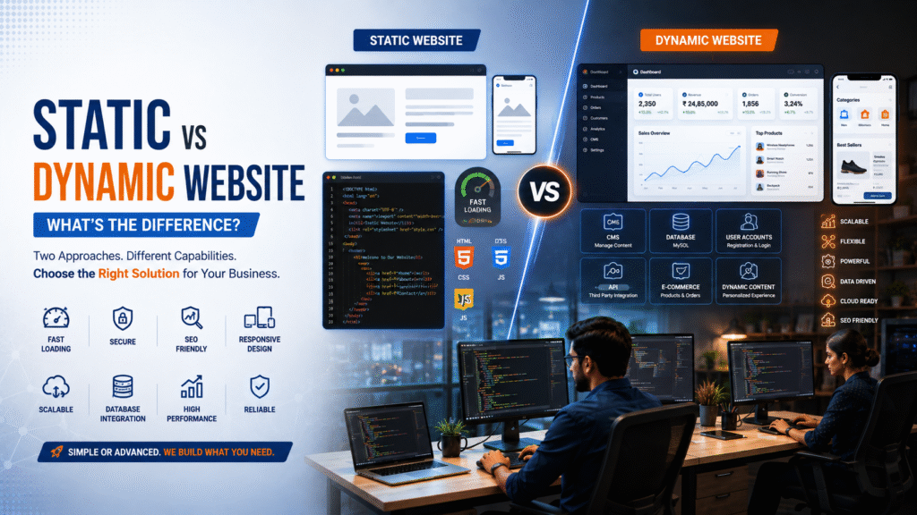 Static vs dynamic website comparison showing web development, coding, database, CMS, responsive design, and website functionality.