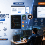 Static vs dynamic website comparison showing web development, coding, database, CMS, responsive design, and website functionality.