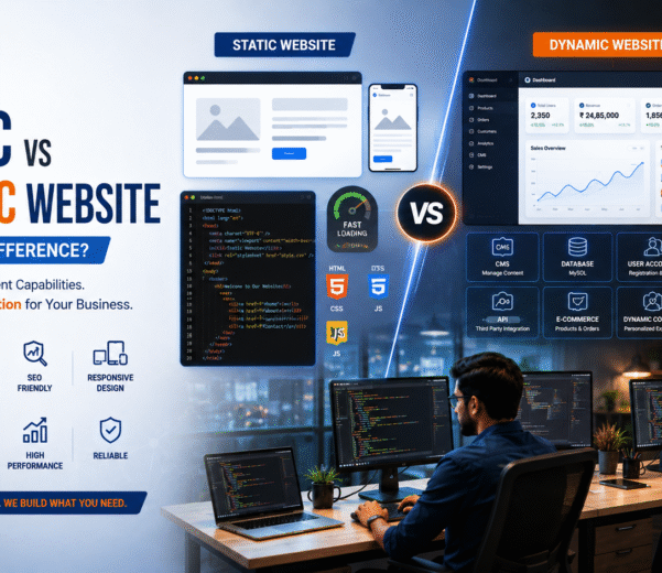 Static vs dynamic website comparison showing web development, coding, database, CMS, responsive design, and website functionality.