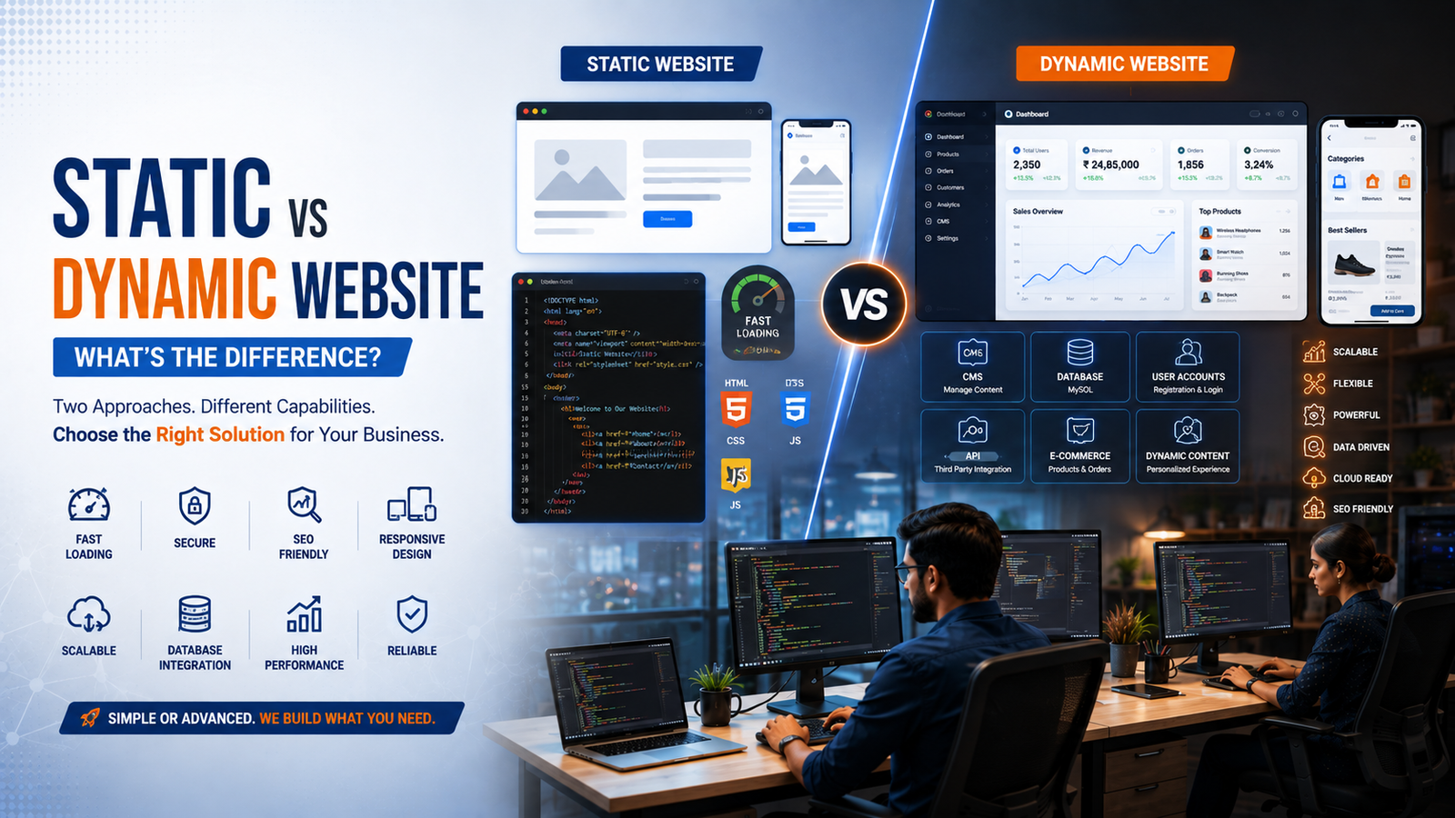 Static vs dynamic website comparison showing web development, coding, database, CMS, responsive design, and website functionality.